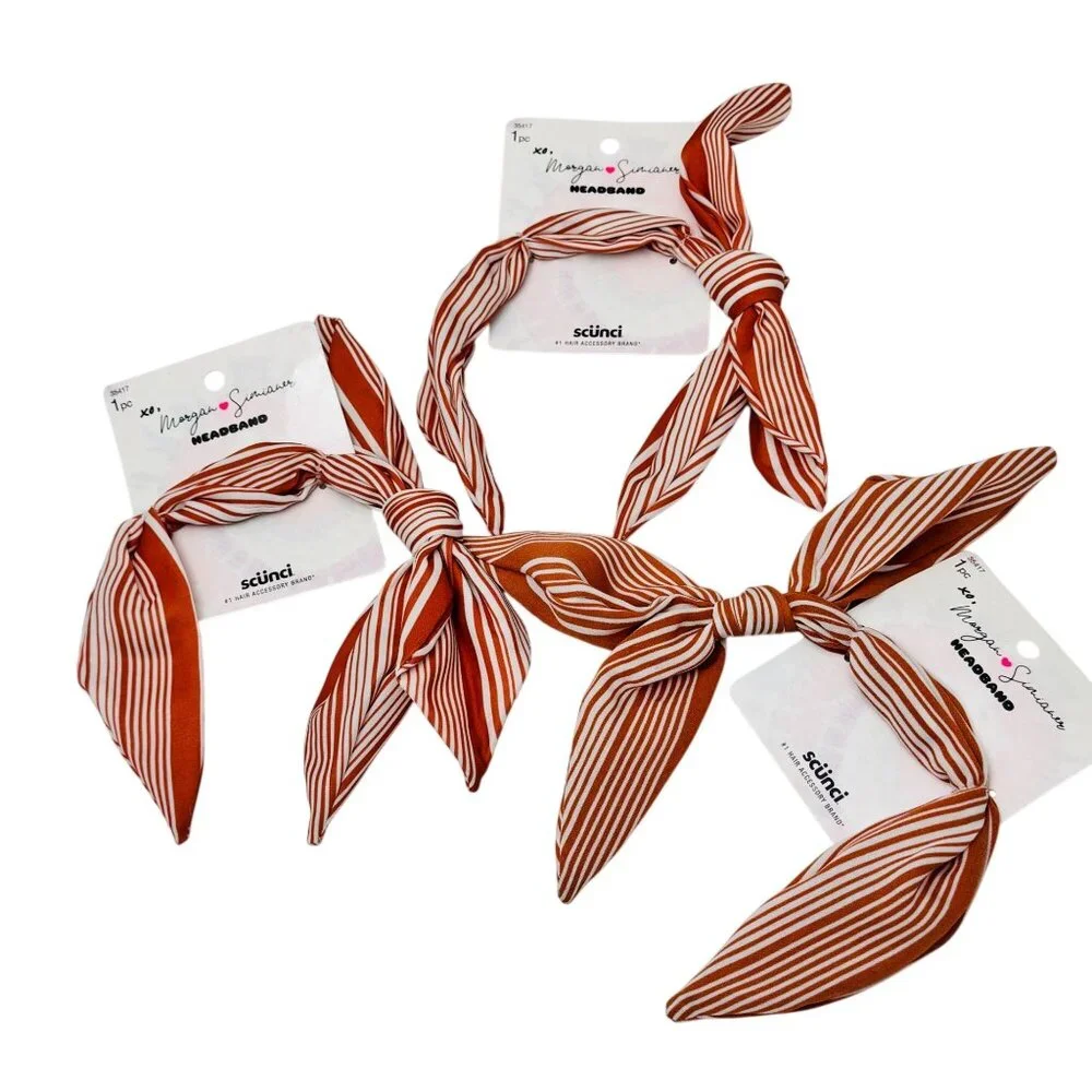 Scunci Headband Stripe Design Brown/White Fabric Bow 3-Pack